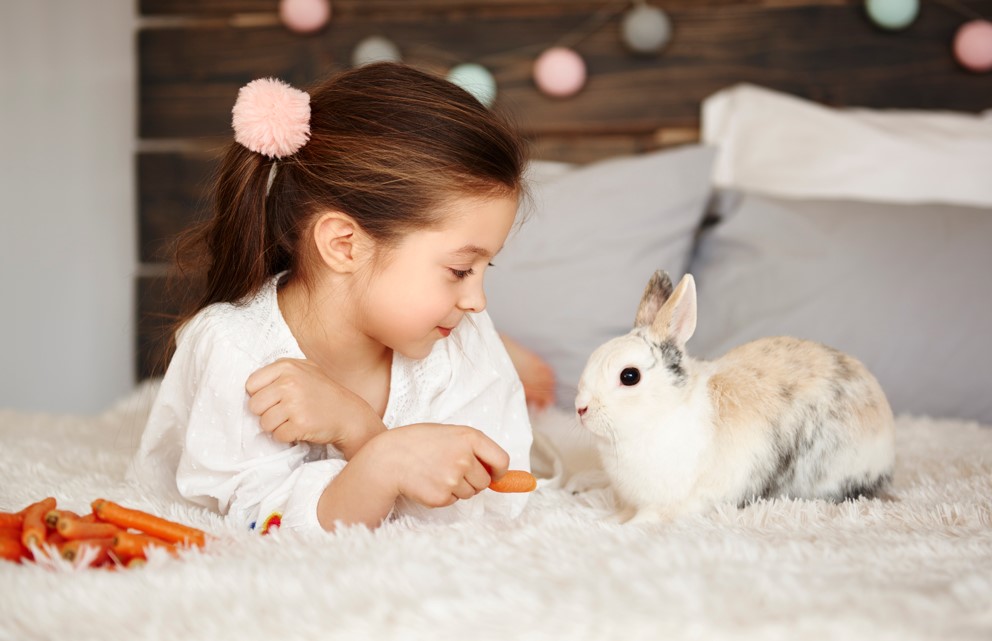 child model with pet rabbit